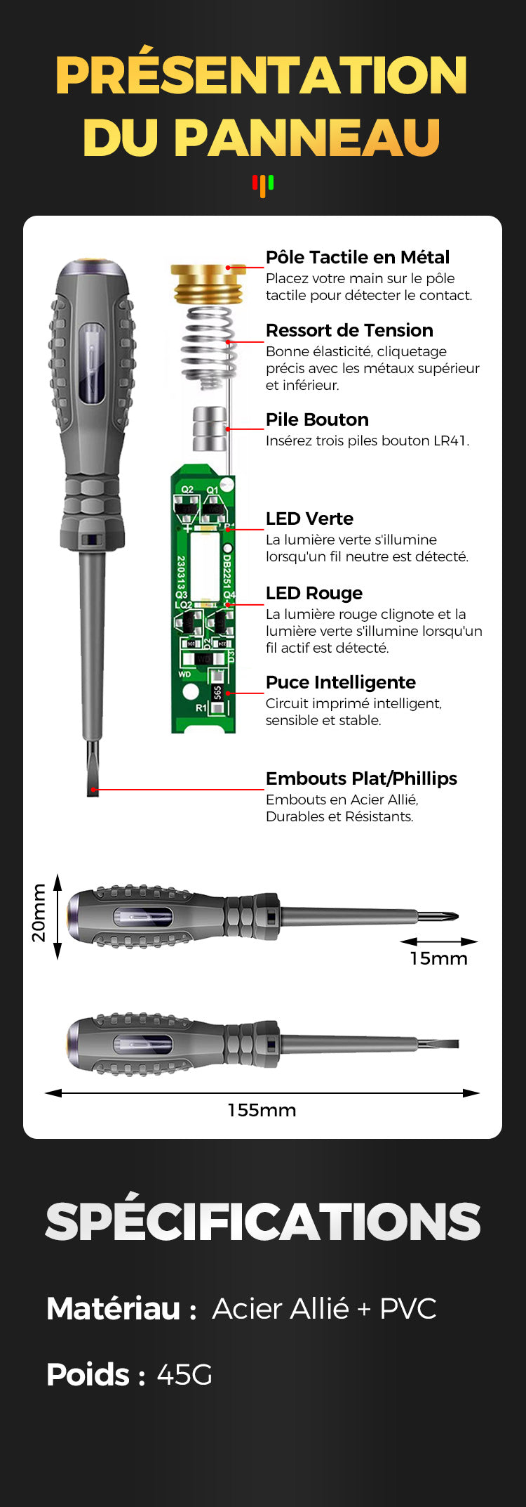 Tournevis Magnétique 2-en-1 - Détection de Tension Integrée avec 20 Embouts pour Réparations Précises