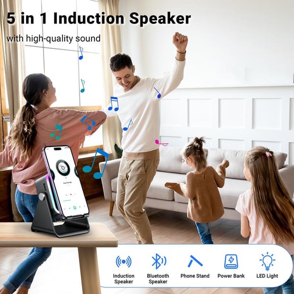 Enceinte Bluetooth à induction sans fil 5 en 1 avec support de téléphone ajustable