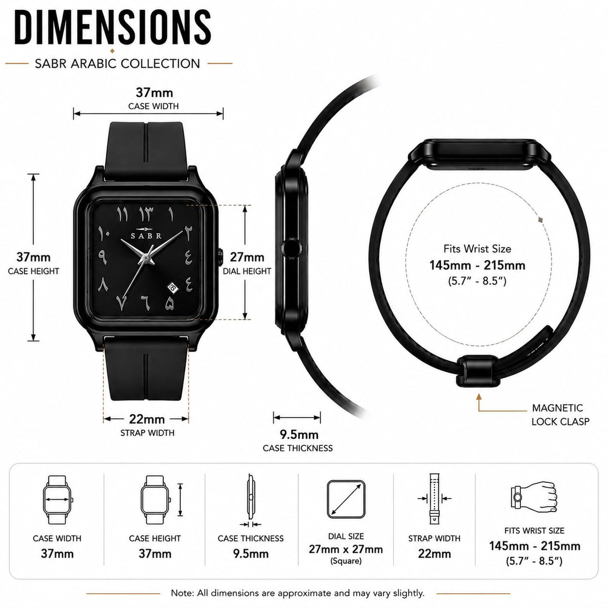 Montre SABR à chiffres arabes analogique pour hommes et femmes | Bracelet en silicone à fermeture magnétique
