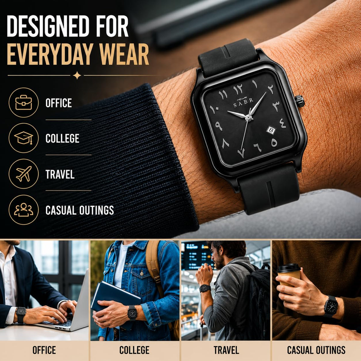 Montre SABR à chiffres arabes analogique pour hommes et femmes | Bracelet en silicone à fermeture magnétique