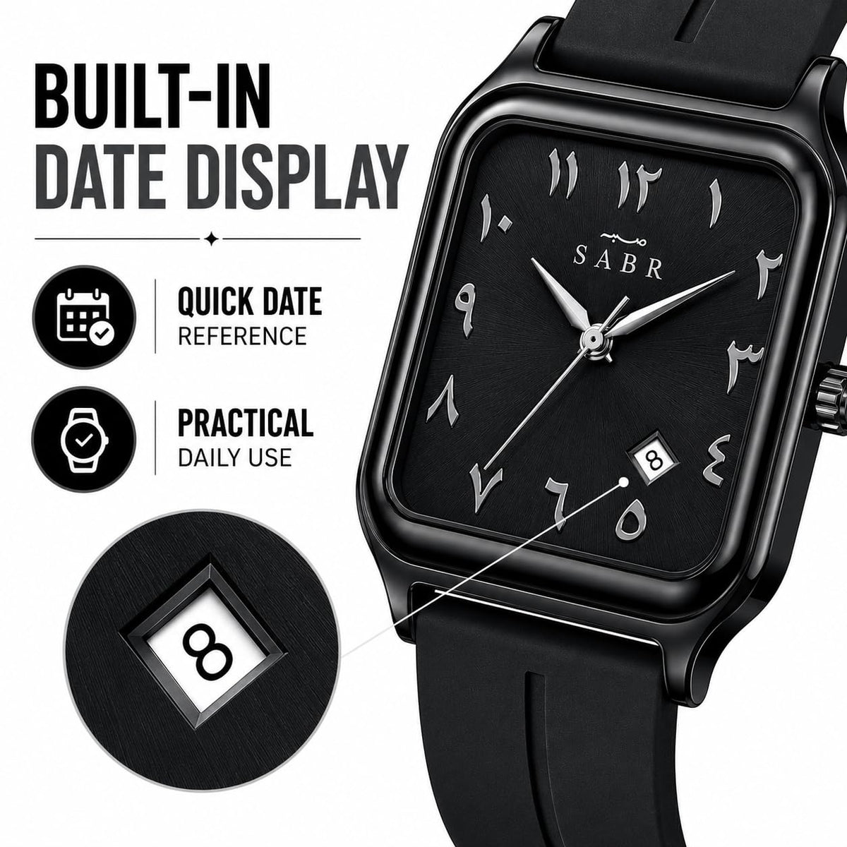 Montre SABR à chiffres arabes analogique pour hommes et femmes | Bracelet en silicone à fermeture magnétique