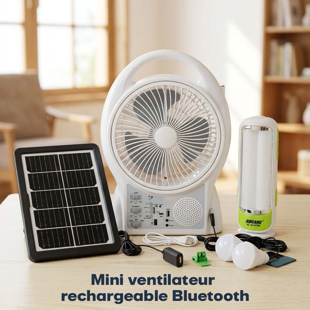 Ventilateur Solaire + Electrique Rechargeable 6 en 1