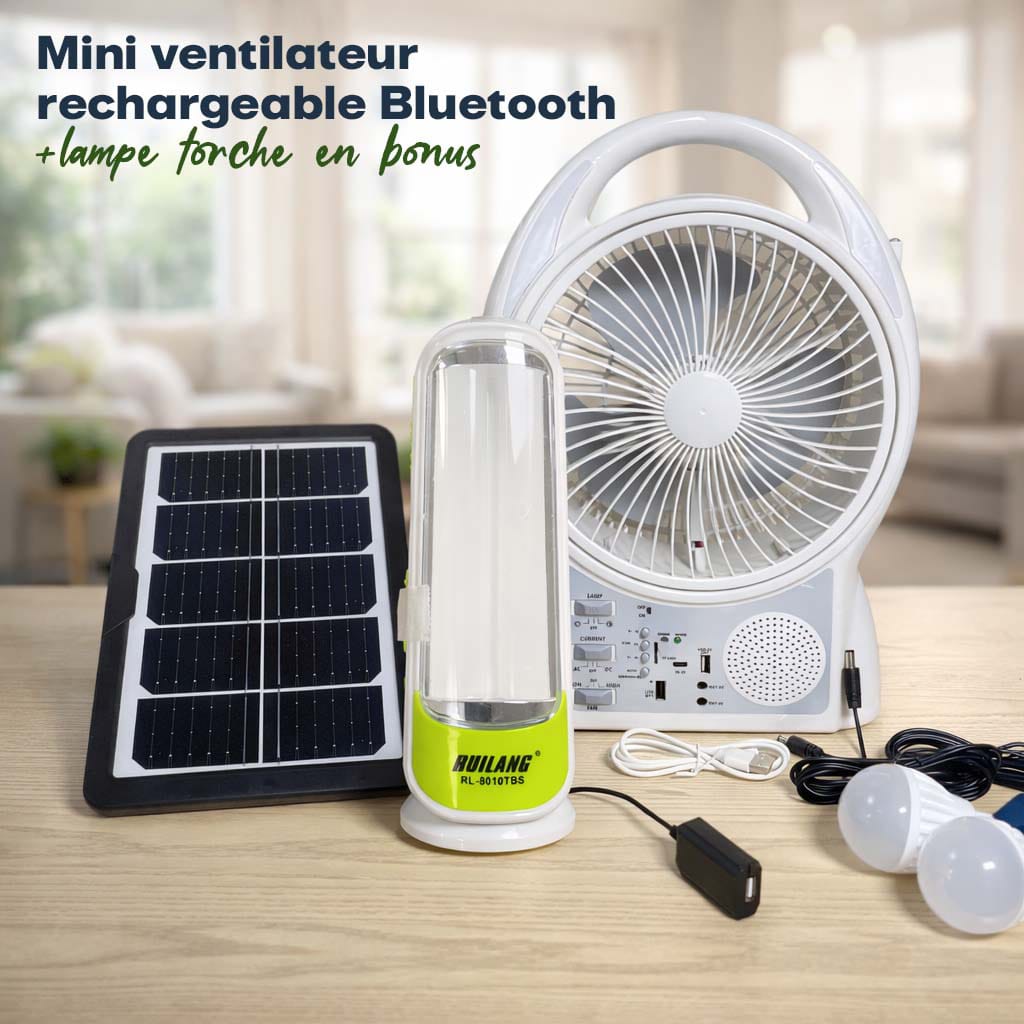 Ventilateur Solaire + Electrique Rechargeable 6 en 1