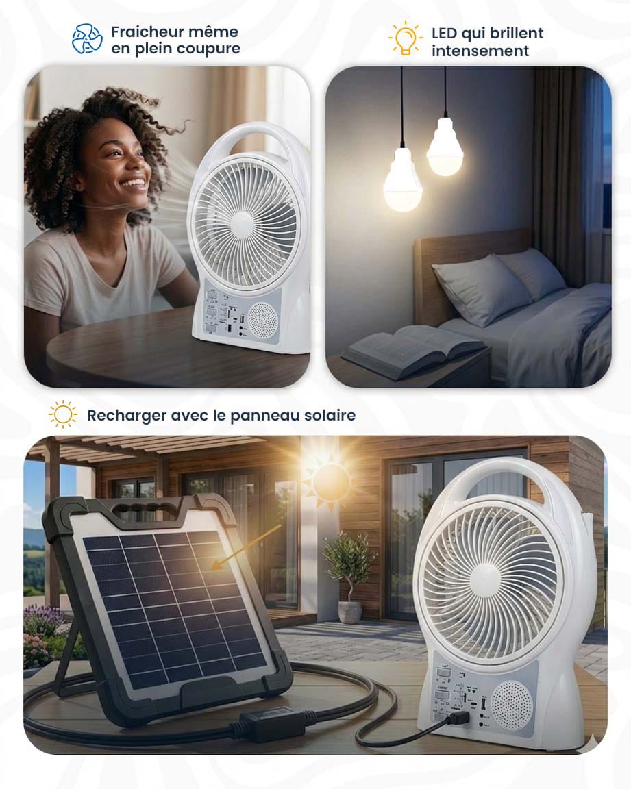 Ventilateur Solaire + Electrique Rechargeable 6 en 1