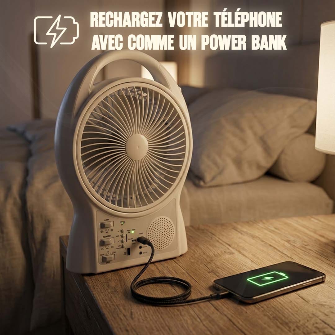 Ventilateur Solaire + Electrique Rechargeable 6 en 1