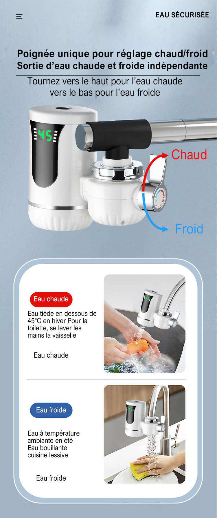 Robinet d'eau chaude sans réservoir avec affichage numérique, chauffe-eau instantané pour cuisine
