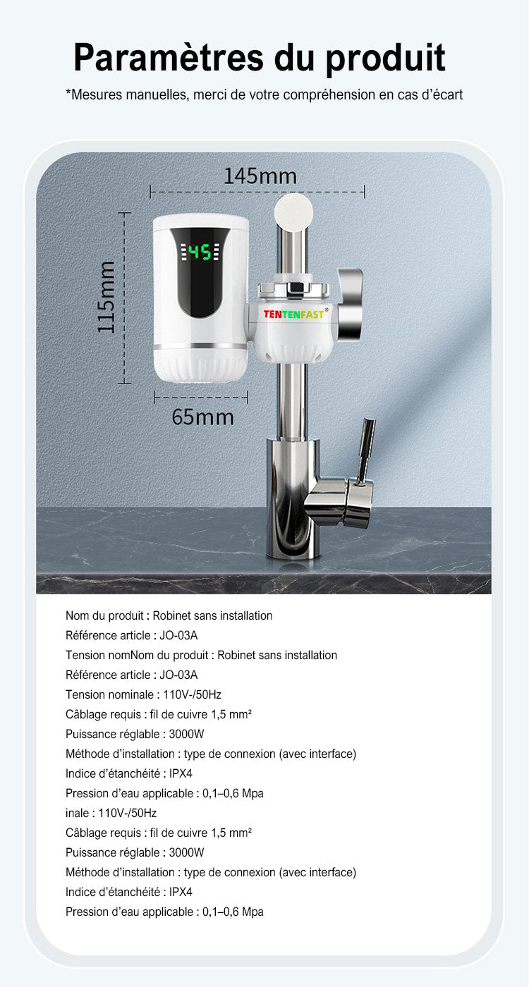 Robinet d'eau chaude sans réservoir avec affichage numérique, chauffe-eau instantané pour cuisine